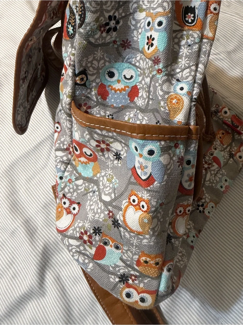 Unionbay Gray Owl Print Backpack with Brown Vegan Leather Trim